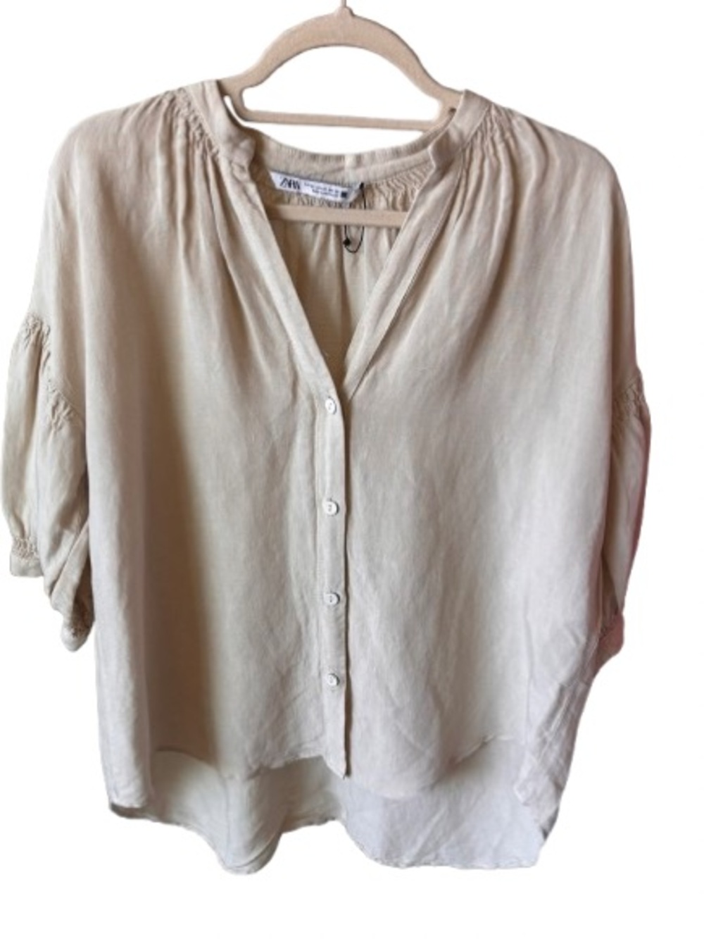Zara Cream Button-Front Linen Blend Blouse Size XS